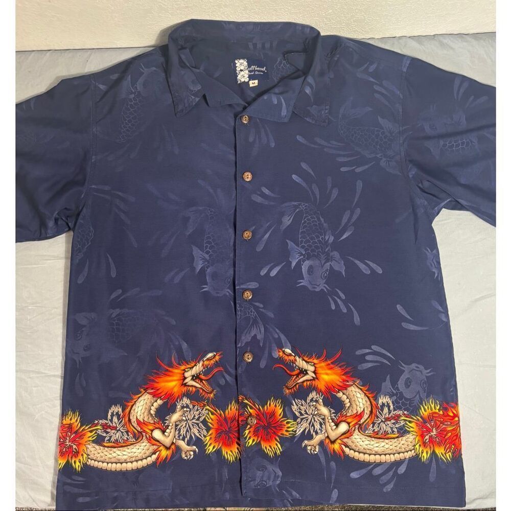 Bullhead Island Series Shirt Mens M Dragon Koi Graphics Short Sleeve Button Up